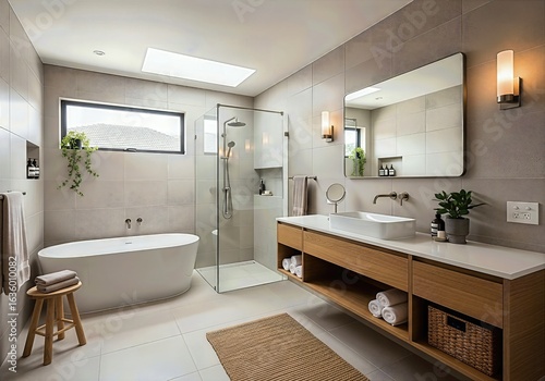 Wallpaper Mural Modern luxury bathroom interior with freestanding bathtub, glass shower and wooden vanity Torontodigital.ca
