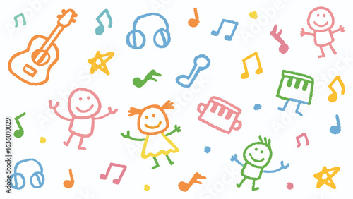 Colorful musical instruments and happy stick figures scattered on a white background design pattern