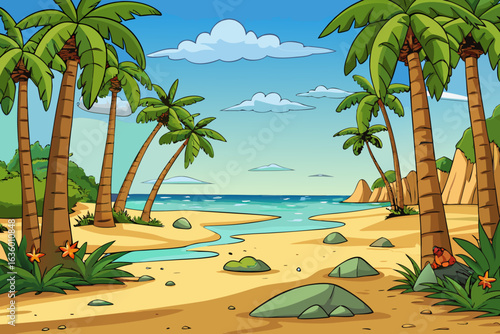 Cartoon Style Tropical Beach with Palm Trees