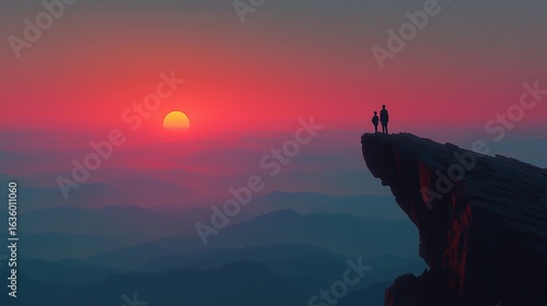 Father and Child Silhouetted on Mountain Peak at Sunset in Ultra-Minimalist Style.