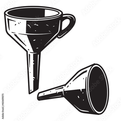 Two vintage style funnels illustrated in black and white for transferring liquids