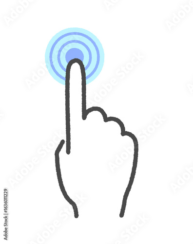 人差し指でボタンを長押しタッチする手の手書きアイコン - 強く押すジェスチャー・指紋認証のイメージ