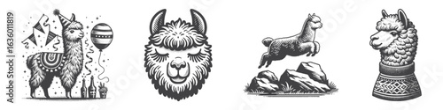 Vintage Hand-Drawn Alpaca Jumping Illustration, Farm Animal Engraved Vector for Rustic and T-Shirt Design