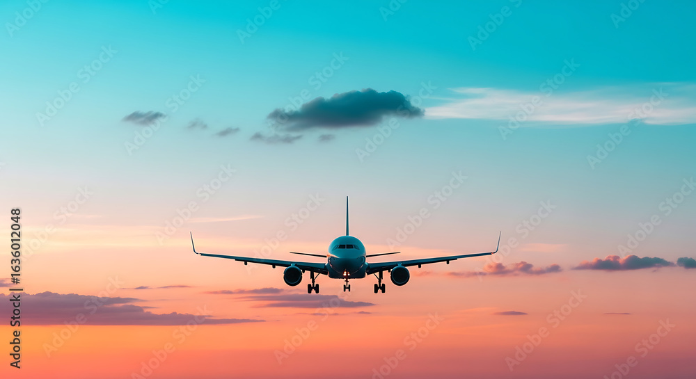 Fototapeta premium Passenger Airplane Approaching Landing at Sunset.