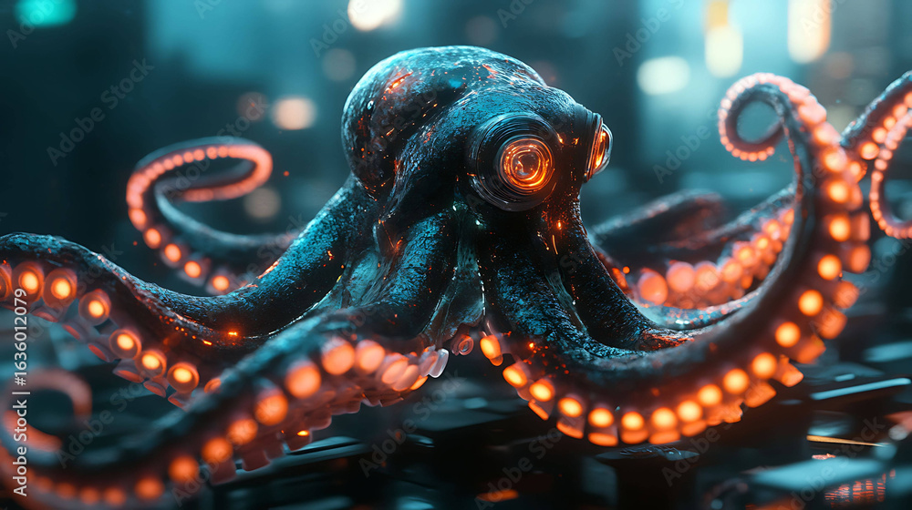 Obraz premium A futuristic octopus with glowing suction cups