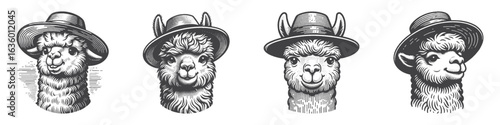 Vintage Hand-Drawn Alpaca Wearing Hat Cool Illustration, Farm Animal Engraved Vector for Rustic and T-Shirt Design