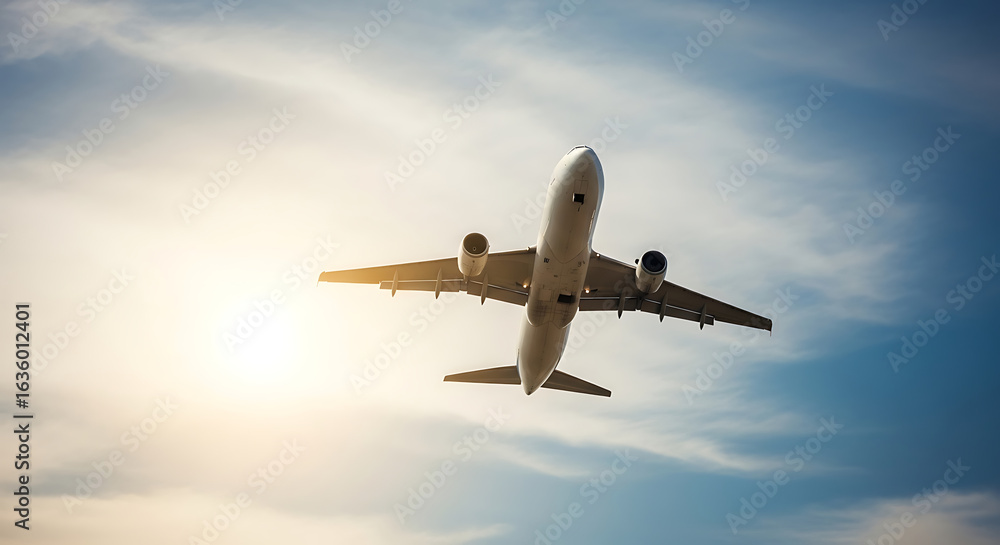 Obraz premium Passenger Airplane Ascending Through Cloudy Sky.