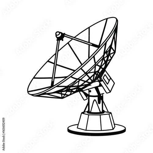 A black and white line art illustration of a satellite dish antenna. This vector graphic represents communication, technology, and data transmission.
