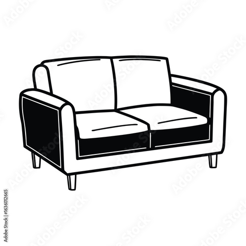 Black and white outline of a modern two-seater sofa with cushioned seats and legs, ideal for living room, furniture, or interior design projects.