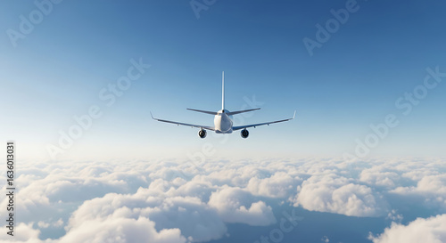 Passenger Airplane Flying Above Fluffy Clouds.