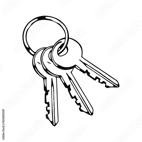 A black and white line art illustration of a bunch of keys on a keyring. This vector icon represents security, access, and real estate concepts.
