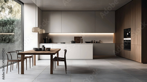 A polished wooden dining table in a clean and minimalist kitchen with warm tones