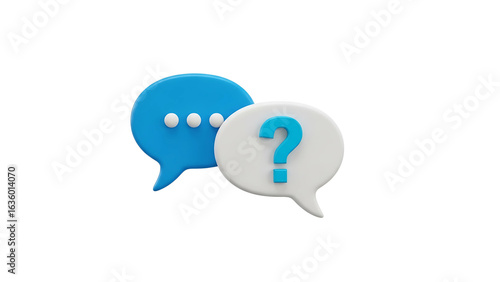 A survey chat speech bubbles with question mark symbol. Clarification, question, FAQ, QA concept. Survey reaction 3d icon illustration isolated on transparent background