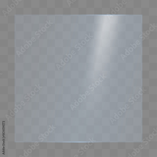 The texture of glass or window with blue tint with white glare effect  from the sun. Realistic light reflection on a transparent glass with blue tint.