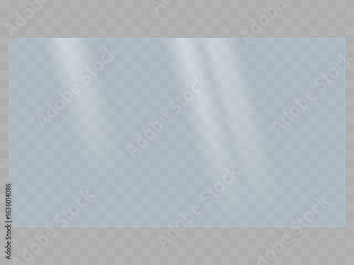 Realistic light reflection on a transparent glass with blue tint. The texture of rectangle glass, frame, window with blue tint.	Vector Stock illustration	