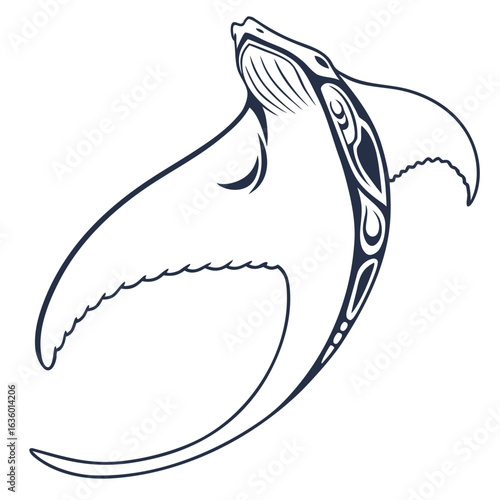 Stylized dark blue line art of a humpback whale breaching with tribal patterns