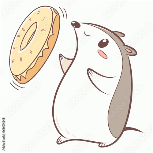 Cute cartoon hedgehog reaching for a delicious donut with a happy expression