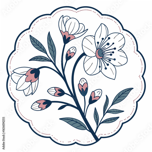 Delicate floral illustration of a cherry blossom branch with buds and leaves within a scalloped border