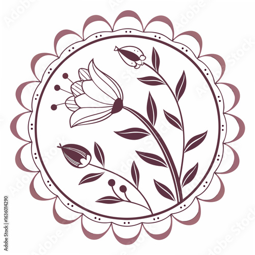 Delicate floral illustration with blooming flowers and leaves enclosed within a scalloped circular frame
