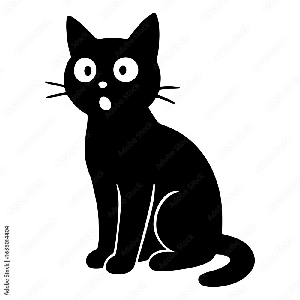 Fototapeta premium Surprised Black Cat Silhouette, Funny Cartoon Vector Icon