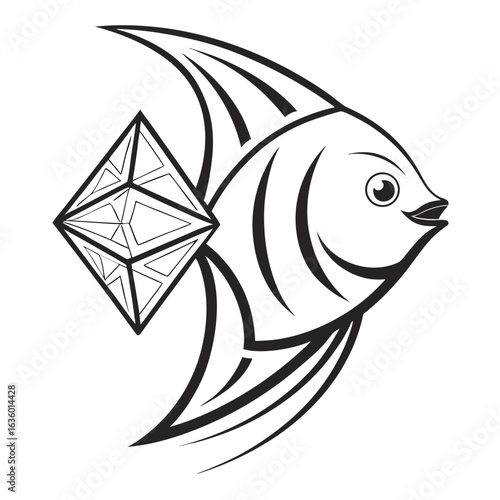 Stylized angelfish with geometric diamond shape on its body in black and white outline
