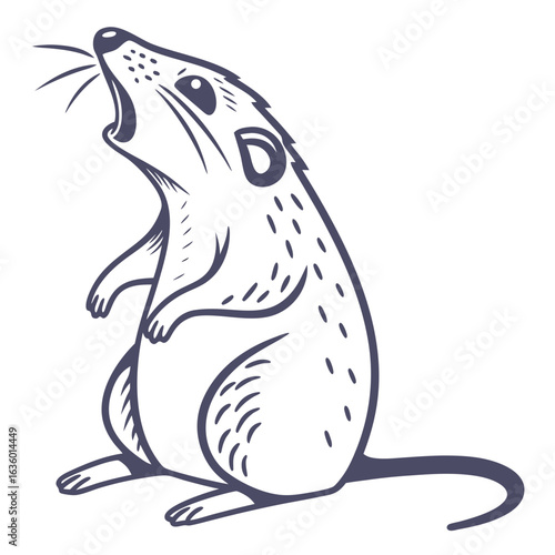 Stylized cartoon drawing of a small rodent standing on its hind legs with its mouth open in a squeak or yawn