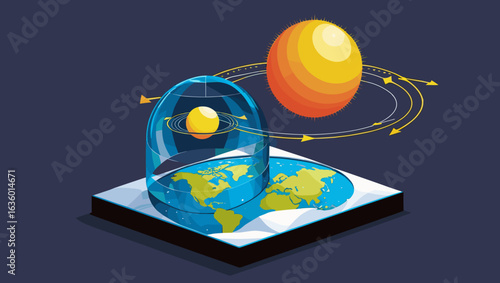 Illustration of Earth and sun within a dome showing their movement and rotation