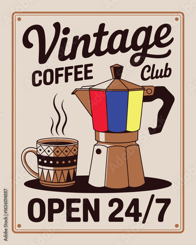 Vintage Coffee Club Poster Design – Traditional Drinks from Around the World, Open 24 Hours and 7 Days with Retro Typography for Café, Menu, and Wall Art

