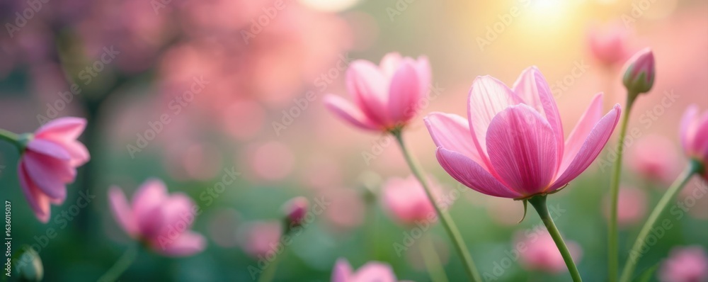 Obraz premium Blurred floral bokeh, pastel color palette, natural light, meadow, soft