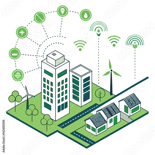 Smart city concept with renewable energy sources and interconnected technology systems for sustainable urban living