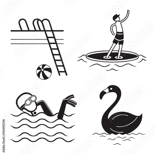 Collection of stylized icons depicting summer water activities including swimming paddleboarding and pool fun with a flamingo float