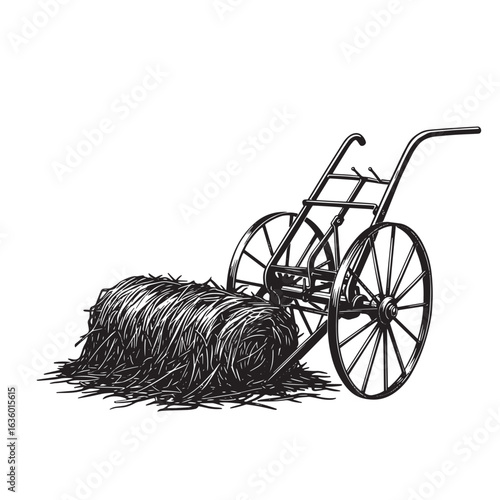 Vintage black and white illustration of hay bale and antique farm cart on white background