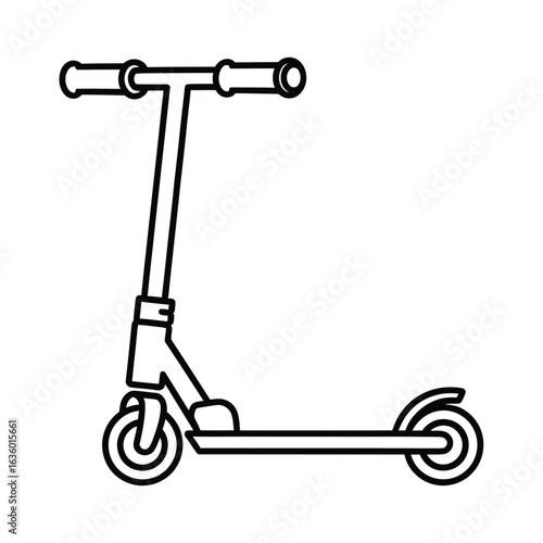 Illustration of a black and white kick scooter isolated on white background, perfect for urban commuting and recreational activities, with a minimalist design