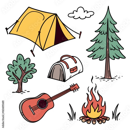 Collection of hand drawn camping icons including a tent campfire guitar trees and a duffel bag