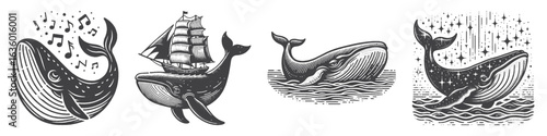 Vintage Hand-Drawn Whale Singing Illustration, Ocean Wildlife Engraved Vector for Marine and T-Shirt Design