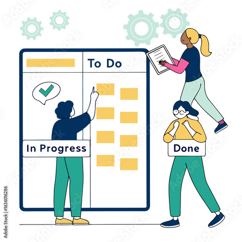 Diverse team collaborating on a kanban board with tasks in to do in progress and done columns