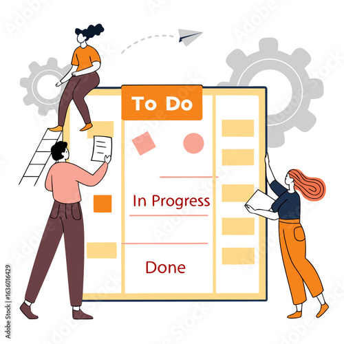 Team collaborating on a kanban board with to do in progress and done sections