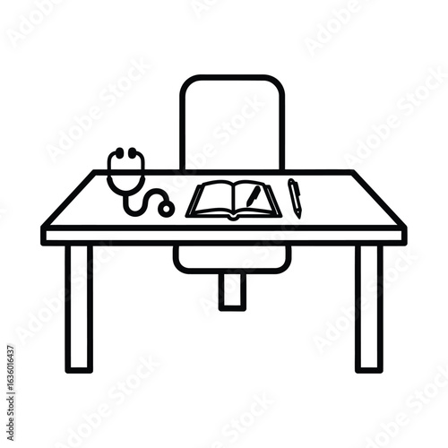 Doctors desk with stethoscope, book, and pen, isolated on white background a professional workspace for medical consultation and examination