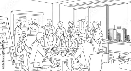 A diverse team of architects and business professionals collaborate in a modern office meeting, discussing building plans and urban development projects.