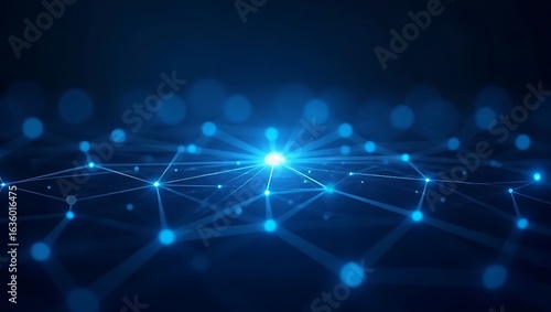 Futuristic technology background with glowing blue network connections and a central data hub.