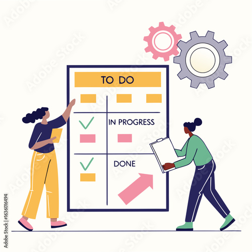 Two women collaborating on a kanban board to manage tasks and track project progress