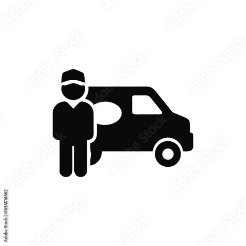 Courier delivery service vector icon depicting a driver standing next to a delivery van in black and white isolated