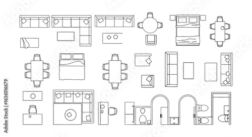 A comprehensive array of minimalist line art architectural symbols and furniture elements, ideal for designing detailed interior layouts and floor plans.