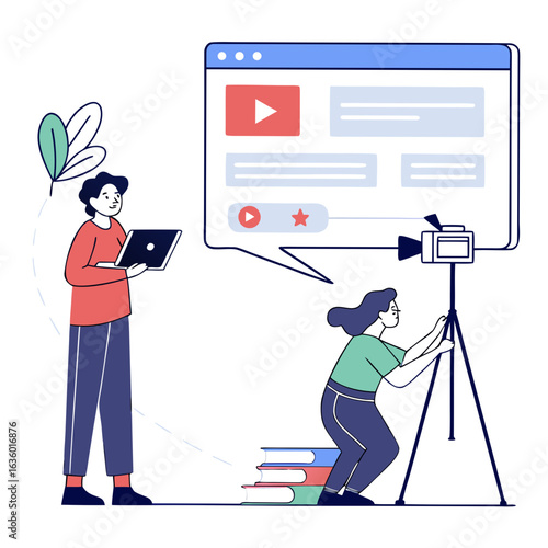 Two people creating online video content with a laptop and camera setup for streaming