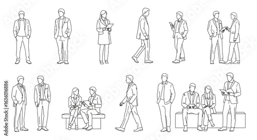 Minimalist line art illustrations of diverse people in various standing, walking, and sitting poses, perfect for architectural drawings and graphic design elements.
