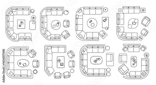 Various top-down line art illustrations showcasing diverse modern living room furniture arrangements and sectional sofa layouts for interior design planning.
