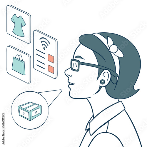 Woman wearing glasses interacts with holographic displays showing shopping items and connectivity information