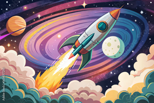 Sleek rocket ship blasting through cosmic clouds towards distant star cartoon banner background