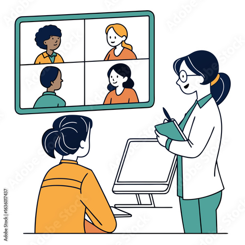 Doctor conducting a virtual meeting with patients on a computer screen and taking notes