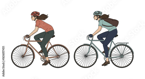 Two illustrated women confidently ride their bicycles, showcasing urban commuting and active leisure, emphasizing healthy outdoor activity.